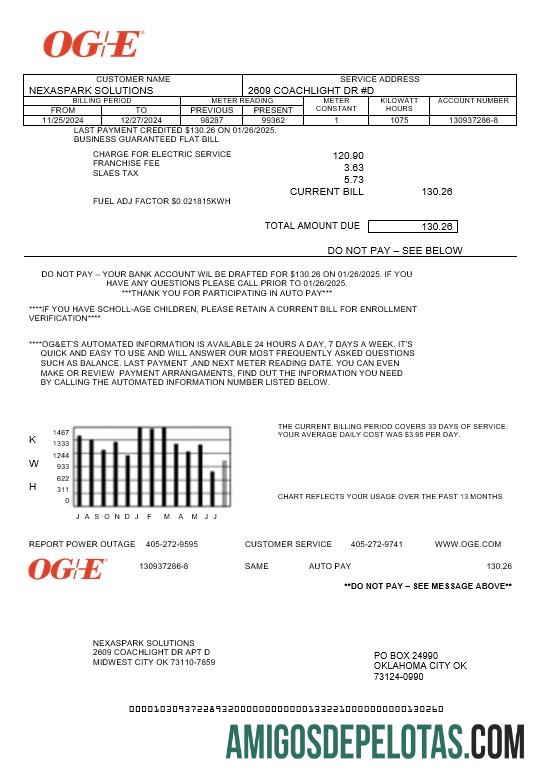 Em branco modelo de conta de serviços públicos de energia OGE dos EUA Oklahoma em formatos Word e PDF